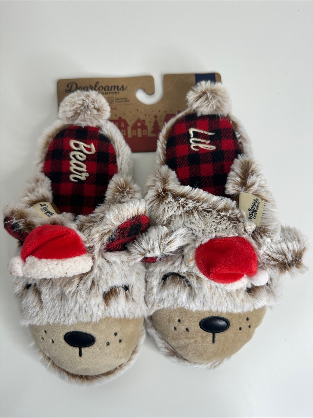 Kids "Bear" Plush Slippers - Red Plaid